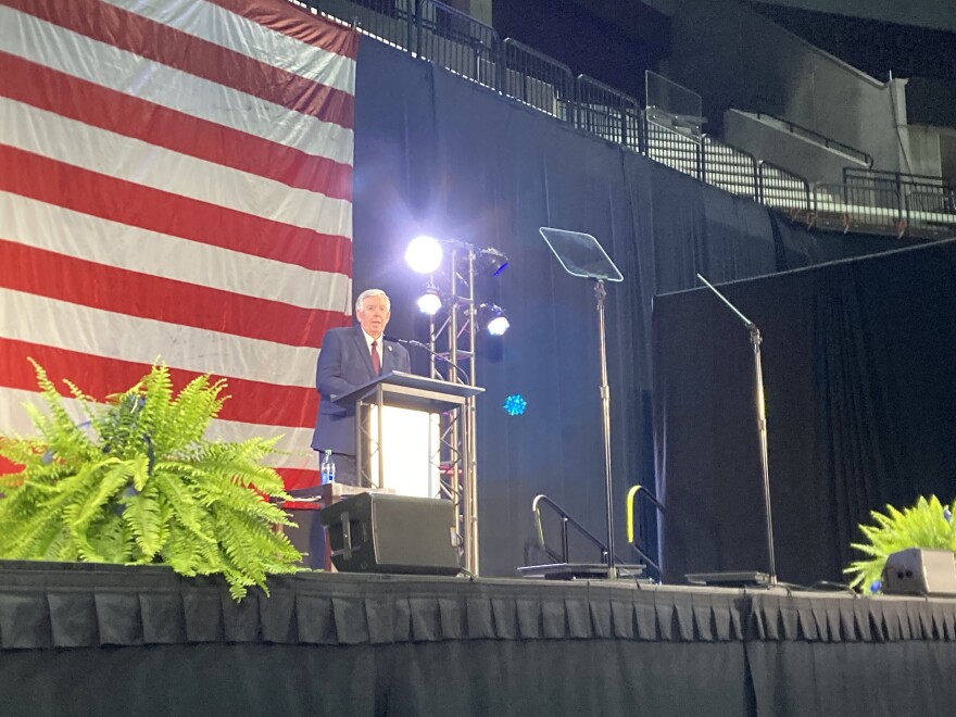  Missouri Gov. Mike Parson delivers remarks at the Springfield Area Chamber of Commerce State of the State speech at Great Southern Bank Arena on the campus of Missouri State University on July 27, 2023.