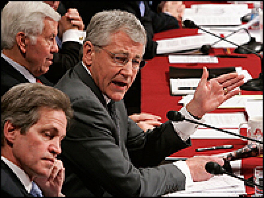 Sen. Chuck Hagel of Nebraska was the lone Republican voting for a resolution that declared President Bush's troop increase "not in the national interest."