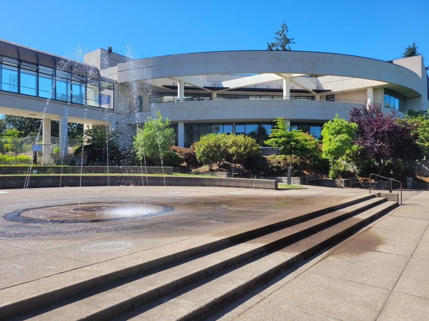 Eugene City Council Chambers and fountain as seen on June 13, 2024.