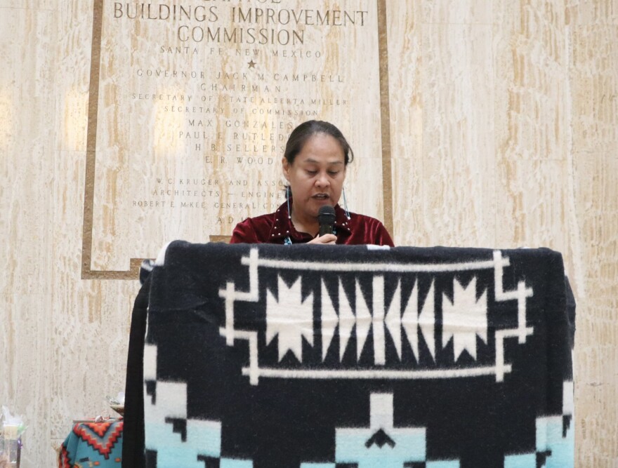 Sen. Shannon Pinto, D-Tohatchi, speaks to a crowd gathered at the Roundhouse for Indigenous Women’s Day on Feb. 18, 2023.