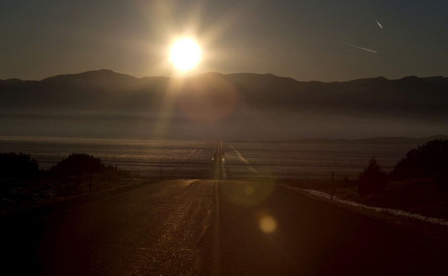 Wright starts his drive from east to west on the Nevada border, the Moriah Mountain range on the horizon.