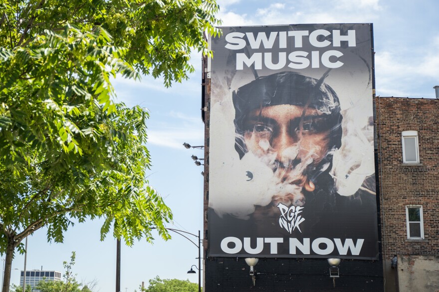 A billboard for rapper PGF Nuk's latest album, titled <em>Switch Music</em>, in the Bridgeport neighborhood of Chicago this summer.