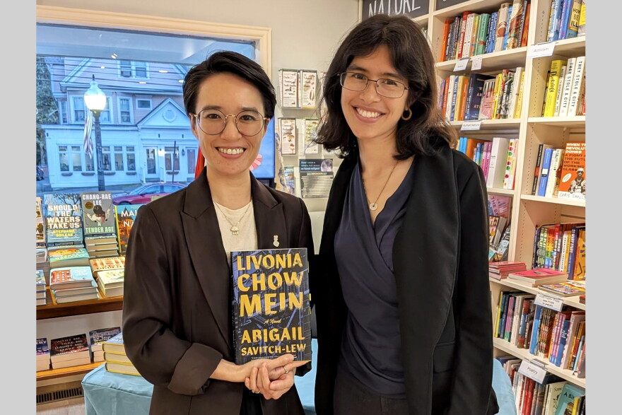 Where We Live Host Catherine Shen with author Abigail Savitch-Lew's and her debut novel, “Livonia Chow-Mein” at the River Bend Bookshop in West Hartford.