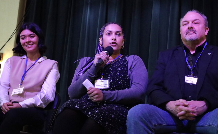 From left to right: Athena Aguiar, Jasmine Hatmaker, and Mike Clark, candidates for Ward 5, at City Club of Eugene, April 3, 2026.