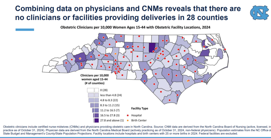 This map shows North Carolina counties that lack obstetric providers.