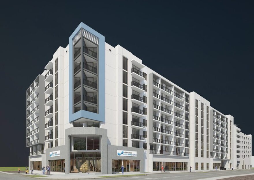 A 3-D rendering of the "Dulce Vida" apartments, an eight-story development featuring 230 mixed-income rental units