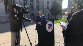 New York state Republican Chairman Nick Langworthy speaks to reporters outside the State Capitol on Nov. 4.