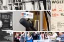 A collage of archival photos and modern photos of WGLT.