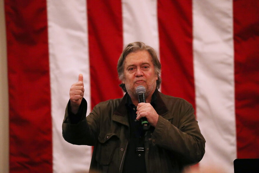 Steve Bannon speaks before the arrival of Republican Senate candidate Roy Moore during a campaign event on Dec. 11, 2017 in Midland City, Ala. (Joe Raedle/Getty Images)