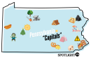 An illustration showing some of Pennsylvania's “world capitals.” (Asha Prihar / Spotlight PA)