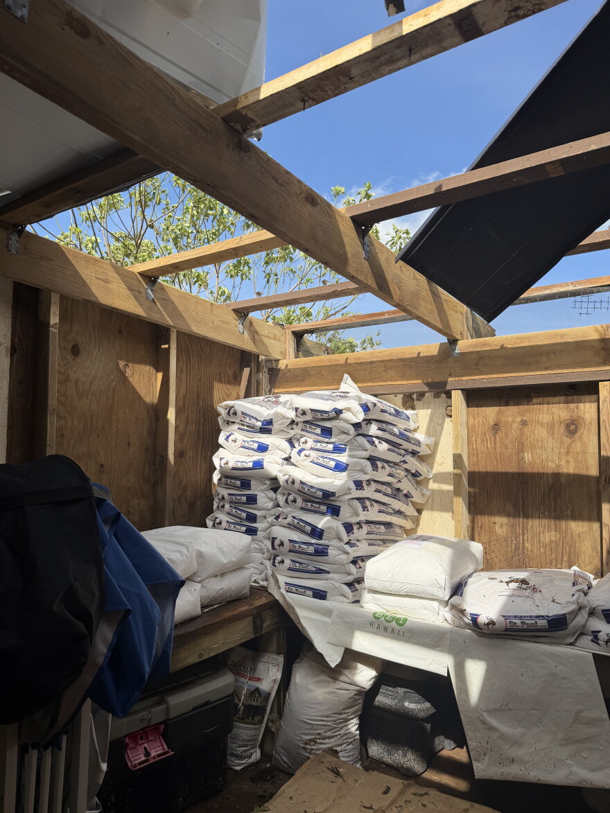 Stone's fertilizer room at her family's loʻi in Hanalei had its roof blown off during Hurricane Lowell. SHe's dealing with wind and rain damage across her two farms.