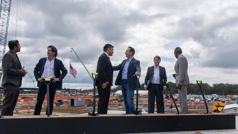 Gov. Jeff Landry talks with Hut 8 CEO Asher Genoot at the groundbreaking of the company’s West Bend data center in West Feliciana Parish, Louisiana, on Monday, October 5, 2026.