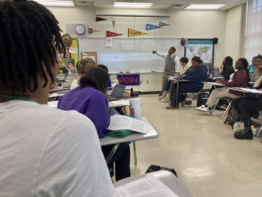 Emmitt Glynn teaches AP African American studies to a group of Baton Rouge Magnet High School students on Monday, Jan. 30, 2023 in Baton Rouge, La. Baton Rouge Magnet High School in Louisiana is one of 60 schools around the country testing the new course, which has gained national attention since it was banned in Florida.