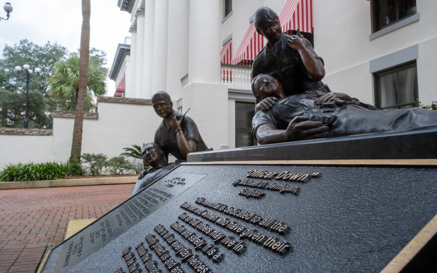 
A sculpture outside the Florida Capitol is a memorial for fallen police officers.