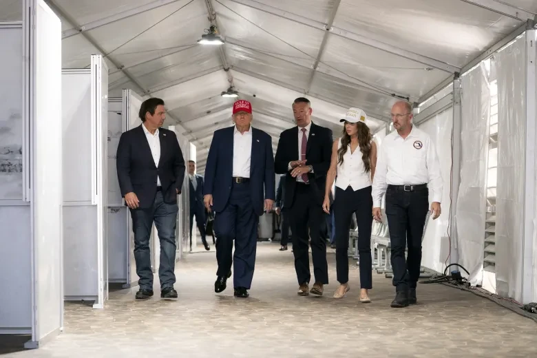 President Donald Trump is joined by Department of Homeland Security (DHS) Secretary Kristi Noem, Florida Governor Ron DeSantis, Acting Director of Immigration and Customs Enforcement Todd M. Lyons and Executive Director of Florida Division of Emergency Management Kevin Guthrie for a facility tour of “Alligator Alcatraz” and roundtable at the site of the Dade-Collier Training and Transition Airport in Ochopee, July 1, 2025.
