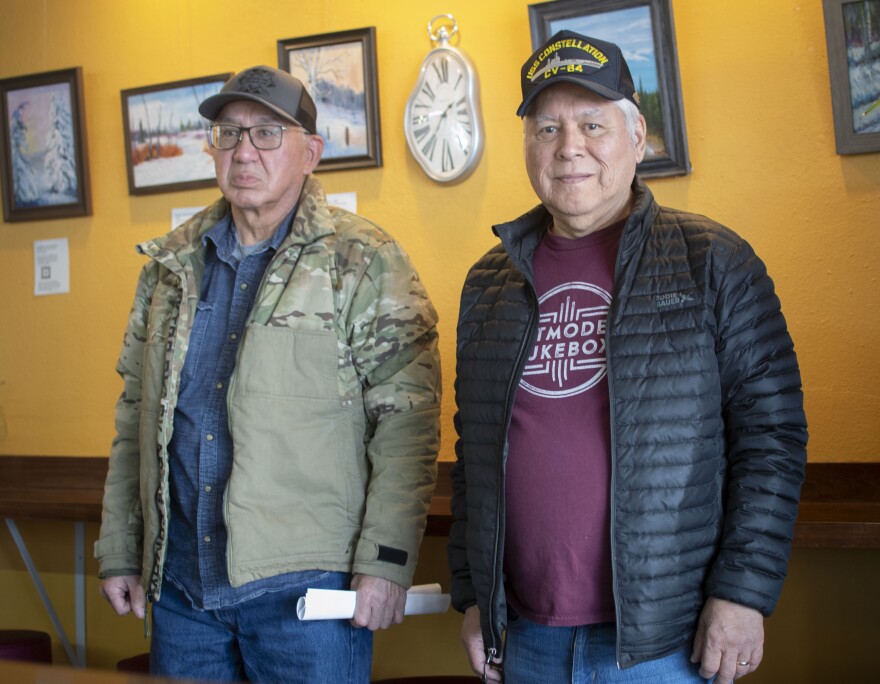 Alaska Native Veterans Association members Darrell Frank (left) and Hugh Walker (right) pictured at the River City Cafe on April 25, 2026.