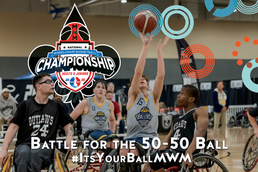 Wheelchair basketball players competing in a game, with the 2026 National Wheelchair Basketball Championship logo and the text “Battle for the 50-50 Ball #ItsYourBallMWM” overlaid.