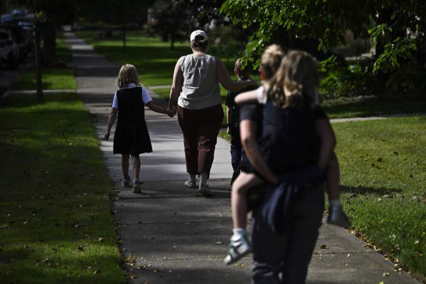 Families depart Annunciation Catholic School following a mass shooting on Aug. 27, 2025 in Minneapolis, Minnesota. (Stephen Maturen/Getty Images)