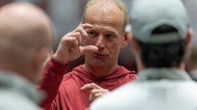 FILE - Alabama head coach Kalen DeBoer talks with visitors during Alabama's NFL football pro day, Wednesday, March 25, 2026, in Tuscaloosa, Ala. (AP Photo/Vasha Hunt, File)