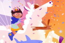 A colorful illustration of a child with brown hair and pink round glasses, wearing a cape and a crown and riding a unicorn and surrounded by a flying shark, rabbit and hedgehog. They are surrounded by bright colors and confettis. 