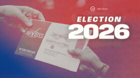 A graphic of a person handing a ballot off to a poll worker. A blue and red gradient spill across the image with the text "Election 2026" on top. 