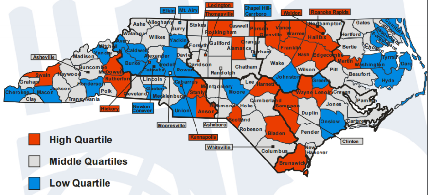 This DPI map shows the highest and lowest 3-year dropout rates by district.