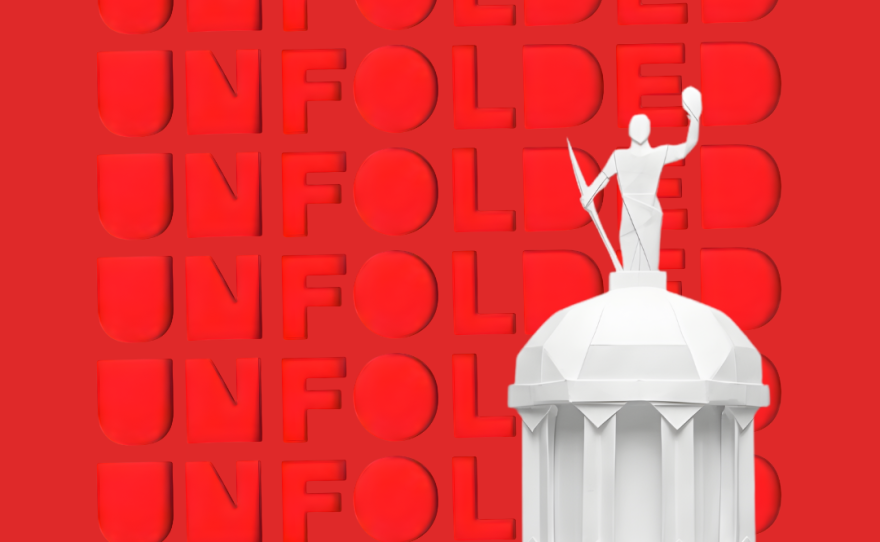 red block of text reading unfolded with origami style image of a dome with a soldier atop it 