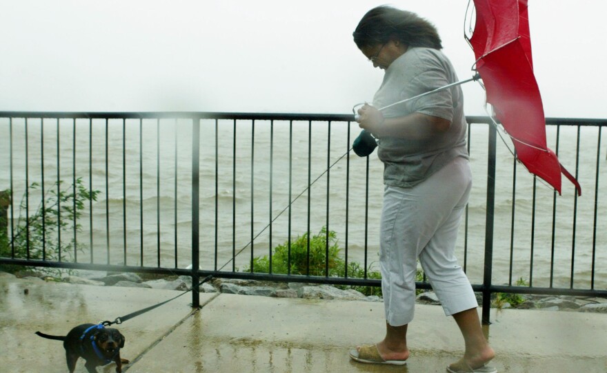 Tiffaney Battle (perfect last name) and her dog, Zach, versus Hurricane Isabel, Alexandria, Va., 2003.