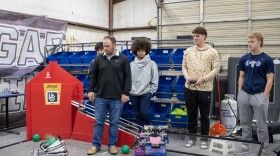 China Spring robotics coach Brendan Smith, center, observes one of his team's robots during a practice session Tuesday, March 17, 2026. The program, in its first year, is preparing for its first UIL state competition on Friday, March 20, 2026.