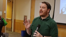 Tim Morris with the Springfield Eugene Tenant Association at the Eugene Public Library, June 10, 2026.