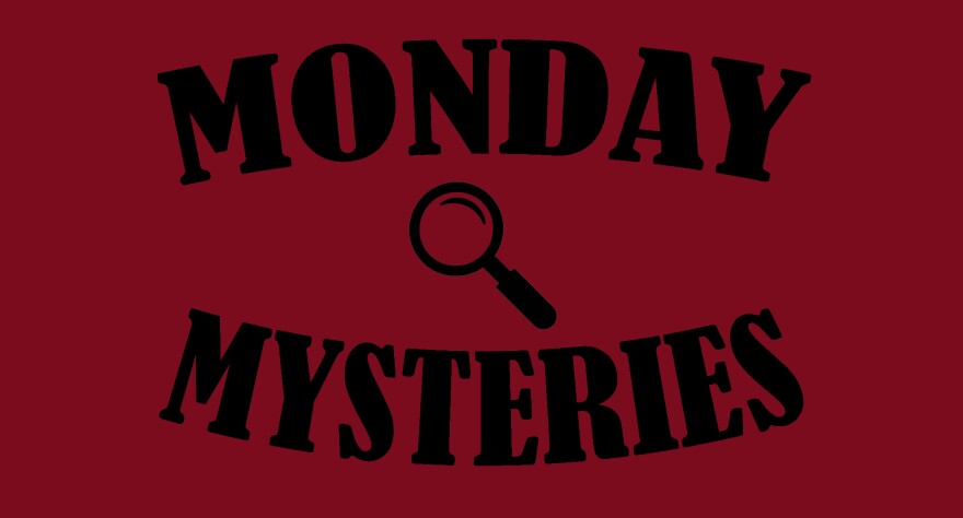 "Monday Mysteries" written in bold text with a magnifying glass illustration in the middle
