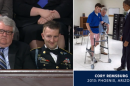 At left, Craig Remsburg sits with his son Cory during the State of the Union address along with a photo of the Army Ranger during rehab with President Obama.