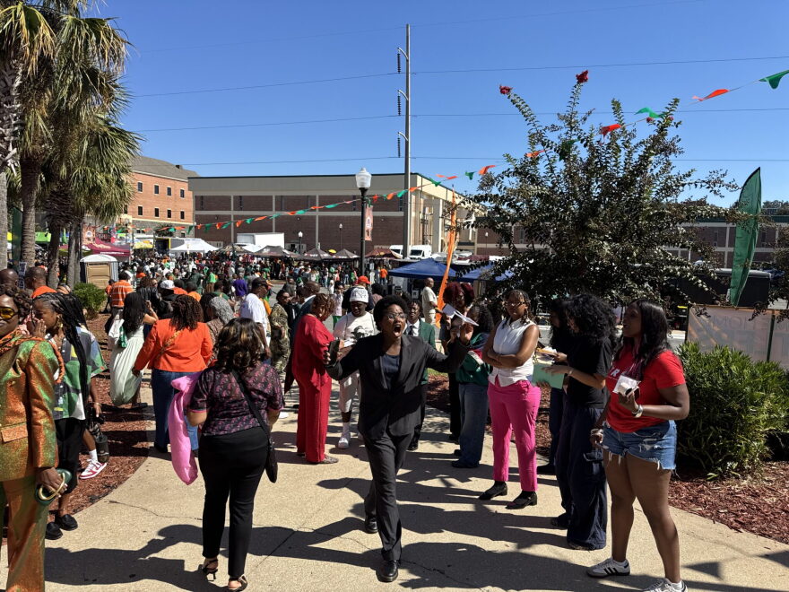 Student organizers at Florida A&M University protested the university police department’s cooperation with federal immigration efforts during Friday Oct. 23, 2026, homecoming festivities. Top-of-ticket candidates David Jolly and Angie Nixon appeared before a rally on campus later in the day.