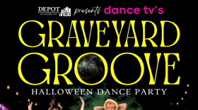Poster for "Graveyard Groove"; a collection of people around a Halloween themed DJ set-up