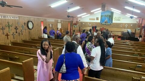 Congregants greet one another following a worship service at East Caney Baptist Church in Sulphur Springs on Sept. 29, 2024. KETR's coverage of faith and politics in African-American churches won two awards in the 2025 Texas Broadcast News Awards on April 13.