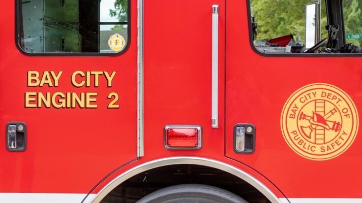 A fire engine stationed at Bay City's Fire Station No. 2. The fire station has been trying to find ways to clean PFAS chemicals from the area after tanks of fire retardant leaked into the ground in 2020.