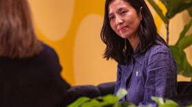 Michelle Wu on stage during the Conversation with Mayor Wu session at the WBUR Festival. (Jesse Costa/WBUR)