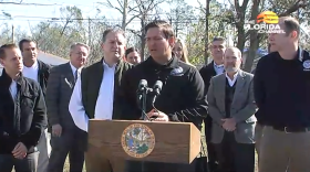 Governor Ron DeSantis addresses reporters in Panama City.