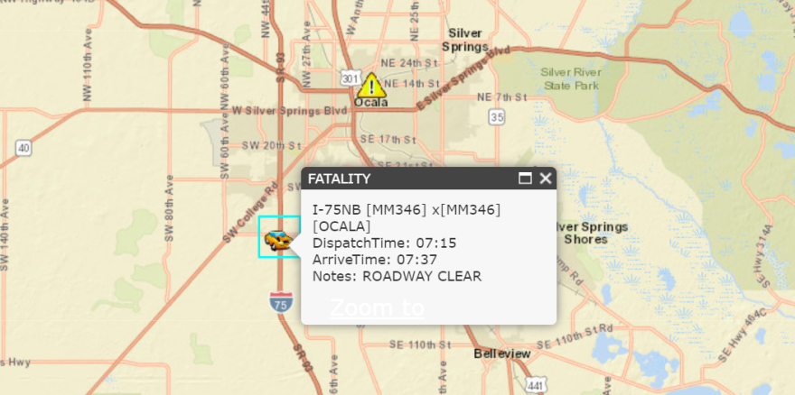 A fatal hit-and-run crash occurred on Interstate 75 south of Ocala early Tuesday morning or Monday night. Image: FHP