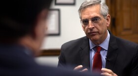 Georgia Secretary of State Brad Raffensperger discusses his new book, "Integrity Counts," during an interview on Thursday, Oct. 28, 2021, in Atlanta. In the book, Raffenseperger speaks out against former President Donald Trump's claims of voter fraud in the 2020 election. (AP Photo/Ron Harris)