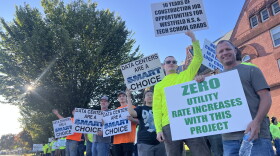 Labor advocates rally in support of a proposed data center project in Massachusetts.