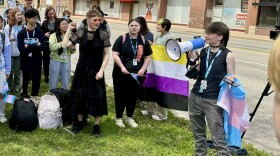 Miles Wilson, right, a student at Wichita East High School, led a student protest earlier this year against a bill that would have banned gender-affirming care for minors. He says anti-trans legislation negatively affects trans kids and teens.