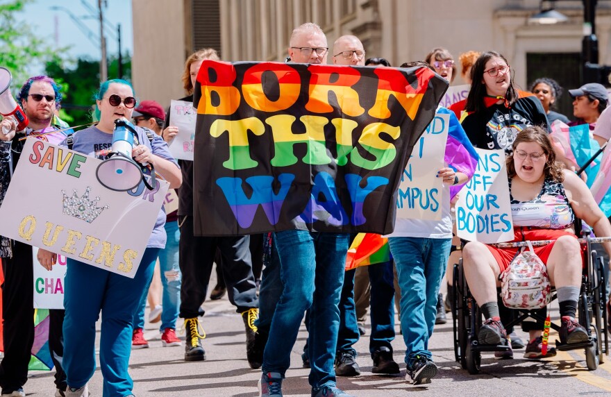  A group of protestors take the streets shouting out for LGBTQ+ in Downtown Dallas on Saturday, April 1, 2023. The protest was led by the Freedom Road Socialist Organization.