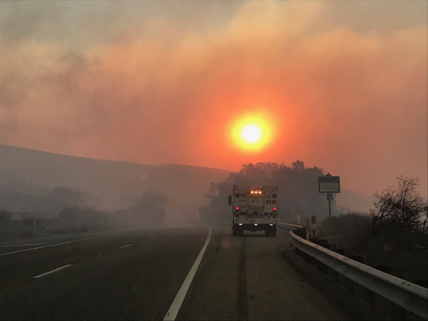 Firefighters near Refugio State Beach trying to protect structures from the Alisal wildfire