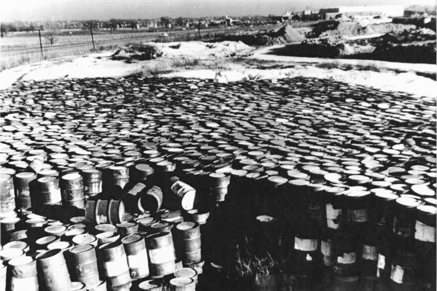 A circa 1960 photo taken by the Mallinckrodt-St. Louis Sites Task Force Working Group shows deteriorating steel drums containing radioactive residues near Coldwater Creek in north St. Louis County.