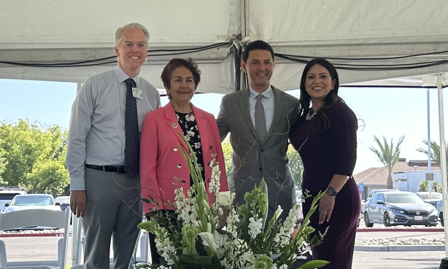 Madera Hospital CEO Steve Stark, California Sen. Anna Caballero, Chief Medical Officer Dr. Ali Rashidian, and Assemblymember Esmeralda Soria onstage after the ribbon cutting ceremony.