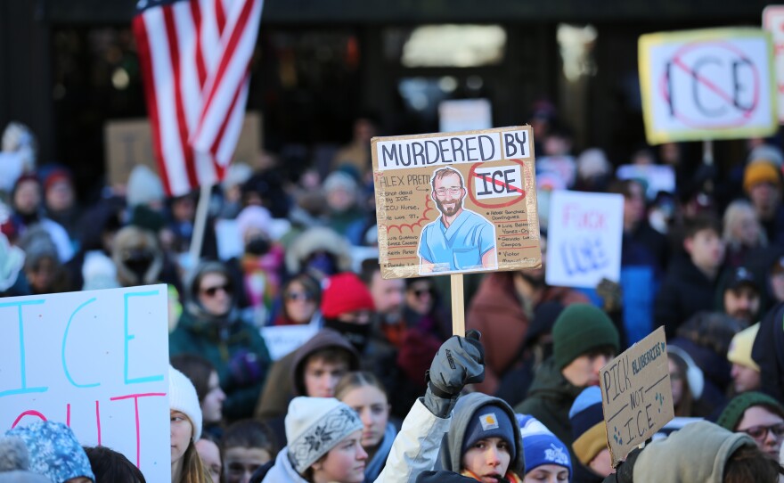 Over 1,000 people rally on Monument Square in Portland on Friday, Jan. 30, 2026.