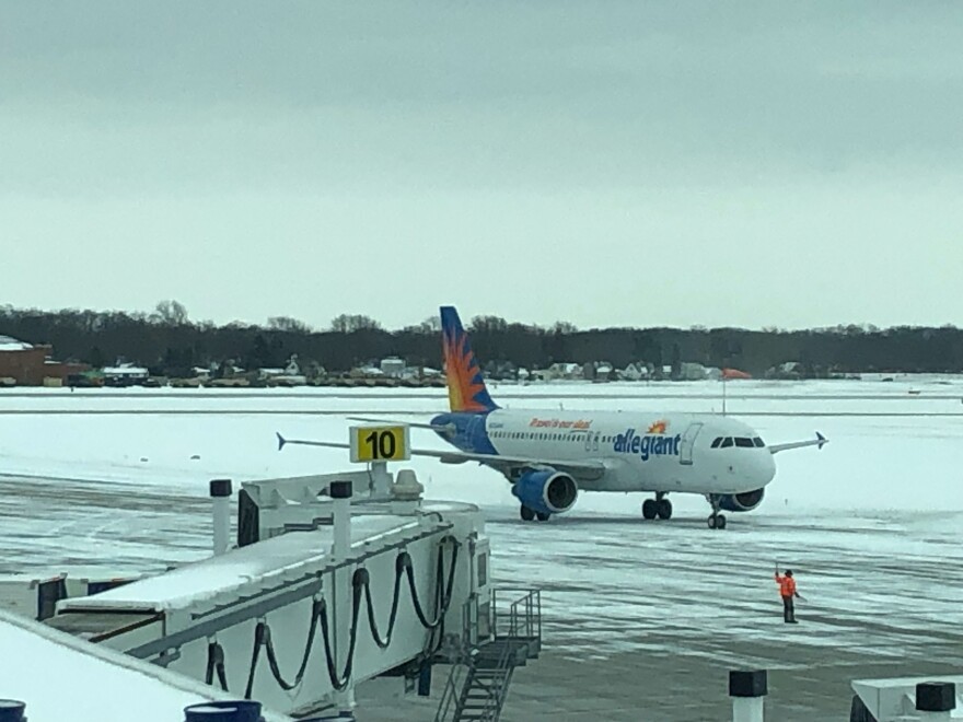 An Allegiant airplane from St. Petersburg, Florida, arrives at the Peoria International Airport around noon Feb. 3. The plane was the first to arrive in Peoria since Tuesday evening.