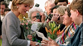 Princess Diana greets members of the public before opening the Foundation for Conductive Education for the disabled in October 1995 in Birmingham, England.