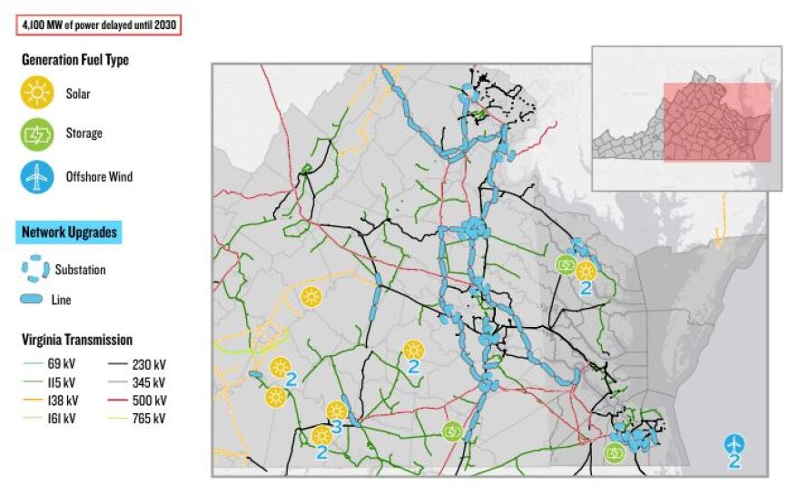 A map shows the amount of power delayed by transmission upgrades until 2030.